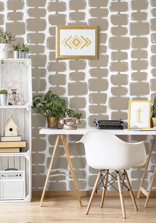 Alt view image 3 of 7 - 17.3"x393" Peel and Stick Wallpaper Mid Century Modern Abstract Contact Paper Geometric Wall Paper Self Adhesive Removable Wallpaper for Bathroom and Bedroom Vinyl, Light Brown and White