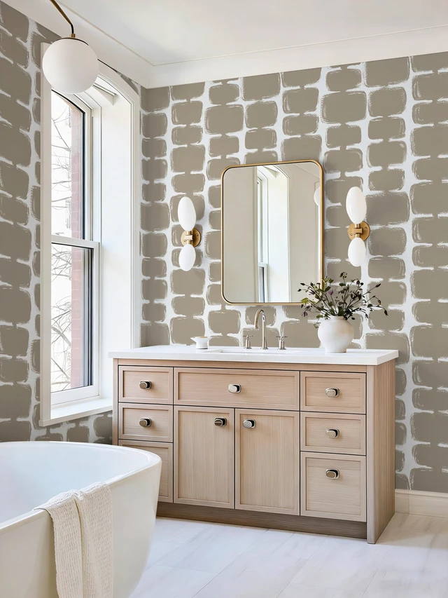 Alt view image 4 of 7 - 17.3"x393" Peel and Stick Wallpaper Mid Century Modern Abstract Contact Paper Geometric Wall Paper Self Adhesive Removable Wallpaper for Bathroom and Bedroom Vinyl, Light Brown and White