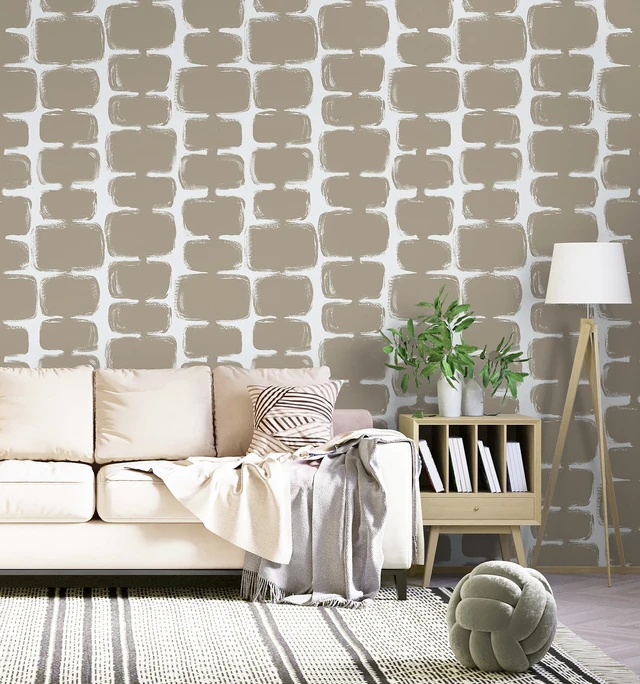 Alt view image 7 of 7 - 17.3"x393" Peel and Stick Wallpaper Mid Century Modern Abstract Contact Paper Geometric Wall Paper Self Adhesive Removable Wallpaper for Bathroom and Bedroom Vinyl, Light Brown and White