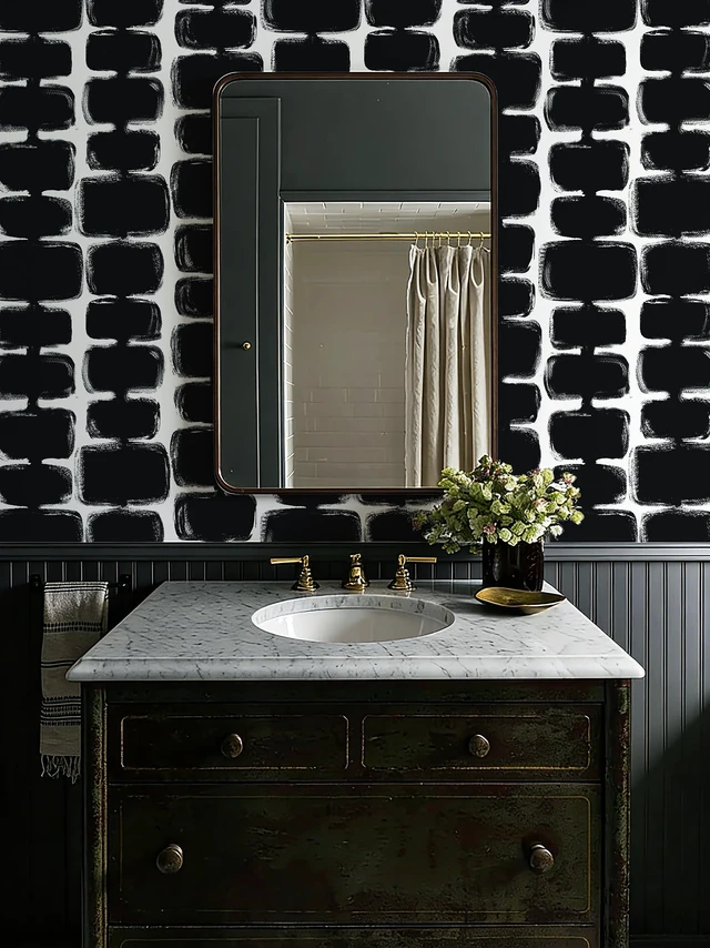 Alt view image 2 of 7 - 17.3"x393" Peel and Stick Wallpaper Black and White Contact Paper Mid Century Modern Abstract Geometric Wall Paper Self Adhesive Removable Wallpaper for Bathroom and Bedroom Vinyl