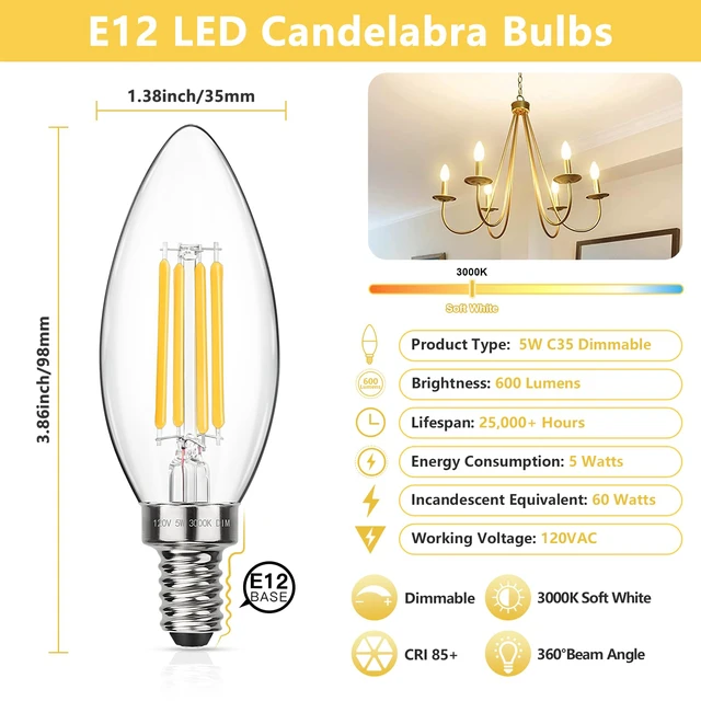 Alt view image 2 of 7 - Dimmable E12 LED Candelabra Bulbs 60W Equivalent, Soft White 3000K, 600LM Chandelier Light Bulb, B11 LED Candle Light Bulbs, 12 Pack
