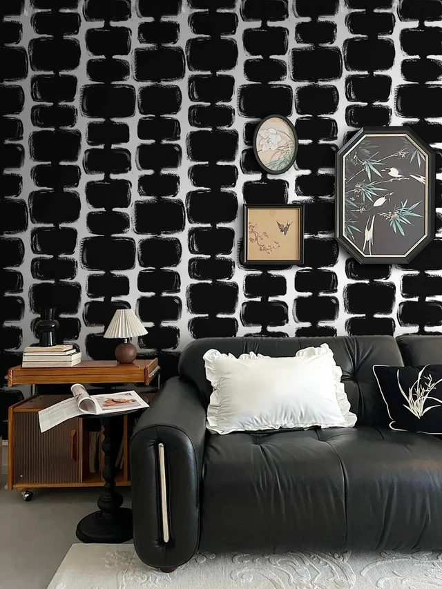 Alt view image 3 of 7 - 17.3"x393" Peel and Stick Wallpaper Black and White Contact Paper Mid Century Modern Abstract Geometric Wall Paper Self Adhesive Removable Wallpaper for Bathroom and Bedroom Vinyl