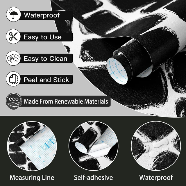 Alt view image 6 of 7 - 17.3"x393" Peel and Stick Wallpaper Black and White Contact Paper Mid Century Modern Abstract Geometric Wall Paper Self Adhesive Removable Wallpaper for Bathroom and Bedroom Vinyl