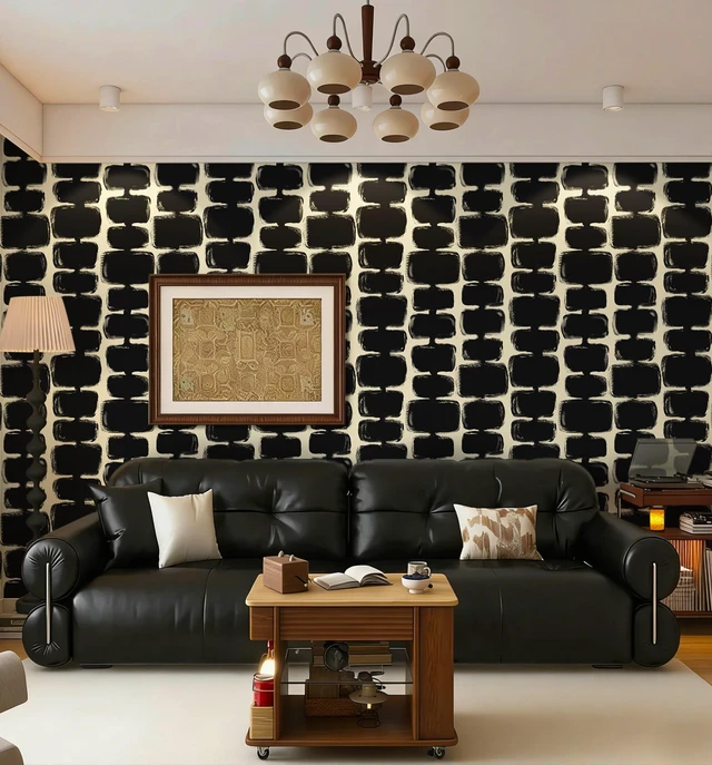 Alt view image 2 of 7 - 17.3"x393" Peel and Stick Wallpaper Black and Cream White Contact Paper Mid Century Modern Abstract Geometric Wall Paper Self Adhesive Removable Wallpaper for Bathroom and Bedroom Vinyl