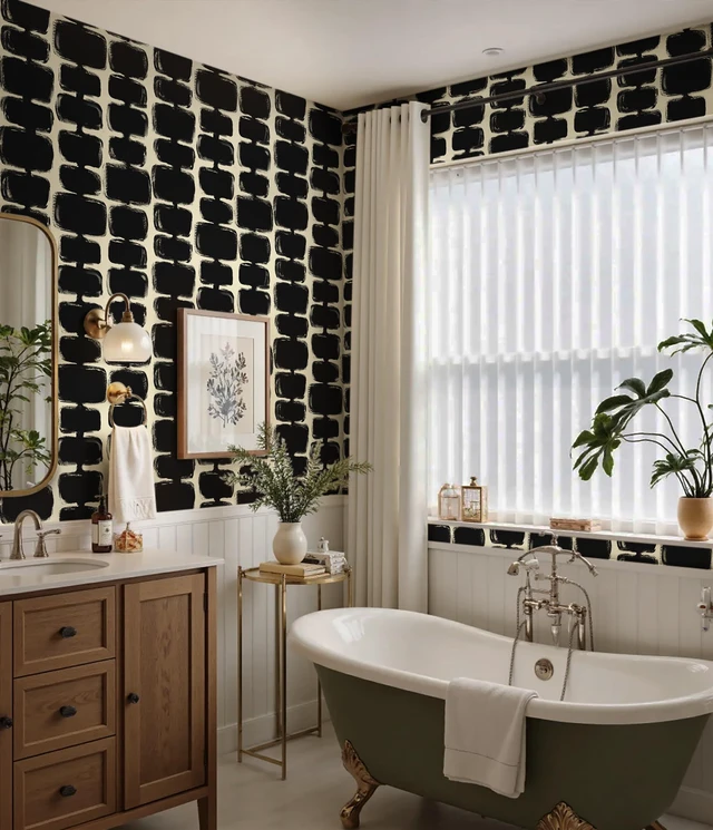 Alt view image 4 of 7 - 17.3"x393" Peel and Stick Wallpaper Black and Cream White Contact Paper Mid Century Modern Abstract Geometric Wall Paper Self Adhesive Removable Wallpaper for Bathroom and Bedroom Vinyl