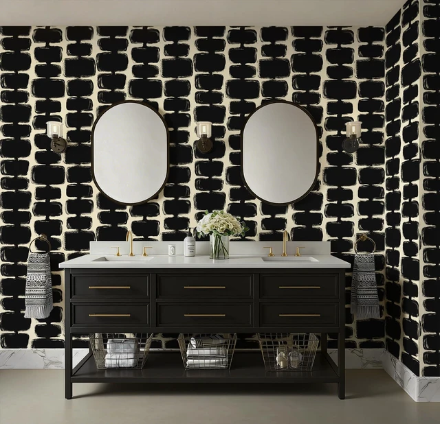 Alt view image 5 of 7 - 17.3"x393" Peel and Stick Wallpaper Black and Cream White Contact Paper Mid Century Modern Abstract Geometric Wall Paper Self Adhesive Removable Wallpaper for Bathroom and Bedroom Vinyl