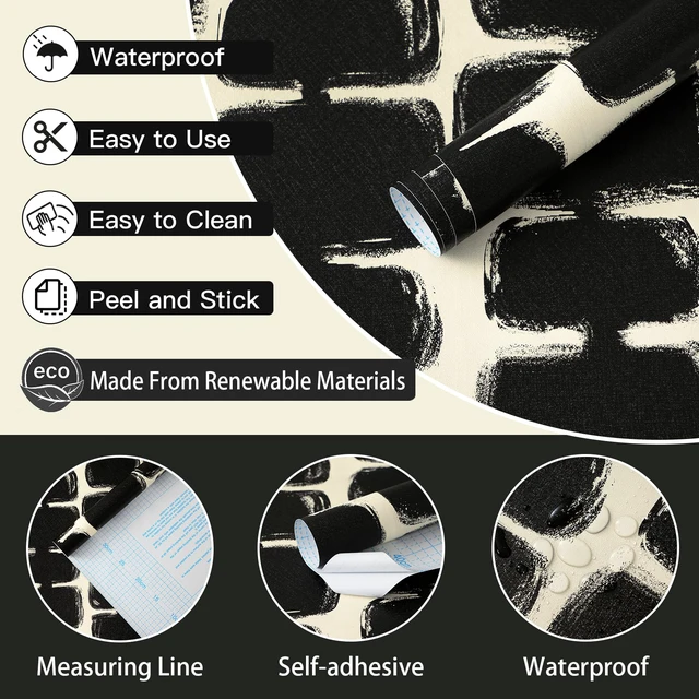 Alt view image 6 of 7 - 17.3"x393" Peel and Stick Wallpaper Black and Cream White Contact Paper Mid Century Modern Abstract Geometric Wall Paper Self Adhesive Removable Wallpaper for Bathroom and Bedroom Vinyl