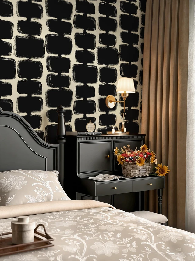 Alt view image 7 of 7 - 17.3"x393" Peel and Stick Wallpaper Black and Cream White Contact Paper Mid Century Modern Abstract Geometric Wall Paper Self Adhesive Removable Wallpaper for Bathroom and Bedroom Vinyl