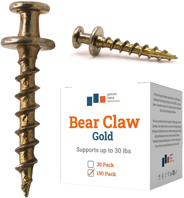 Main image of PHS Gold Bear Claw Hanger Screws, Holds 30 lb, 150 Pack for Drywall Bear claw hanging screws, holds D-rings, sawtooth, wire, keyholes in drywall, plaster, and wood studs