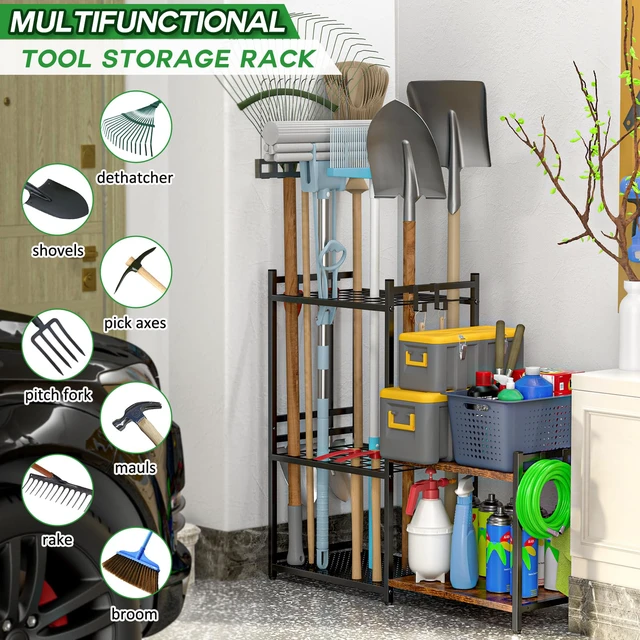 Alt view image 2 of 7 - Garage Tool Organizer with 2-tier Wooden Shelves, Yard Tool Organizer for Garage with 6 Hooks, Heavy duty Steel Garden Tool Rack Holds up to 35 Long Handled Yard tools for Storage, Black