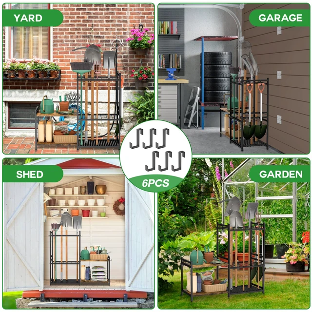 Alt view image 7 of 7 - Garage Tool Organizer with 2-tier Wooden Shelves, Yard Tool Organizer for Garage with 6 Hooks, Heavy duty Steel Garden Tool Rack Holds up to 35 Long Handled Yard tools for Storage, Black