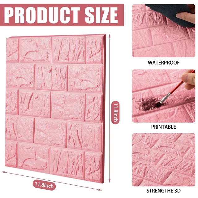 Alt view image 2 of 6 - 30 Pcs 3D Wall Panels Peel and Stick Wallpaper Foam, Elegant Pink Faux Brick Stone Tiles, Covering 28.8-48.4 Sq ft, Self Adhesive Waterproof Panels for Bedroom Living Room Kitchen Walls