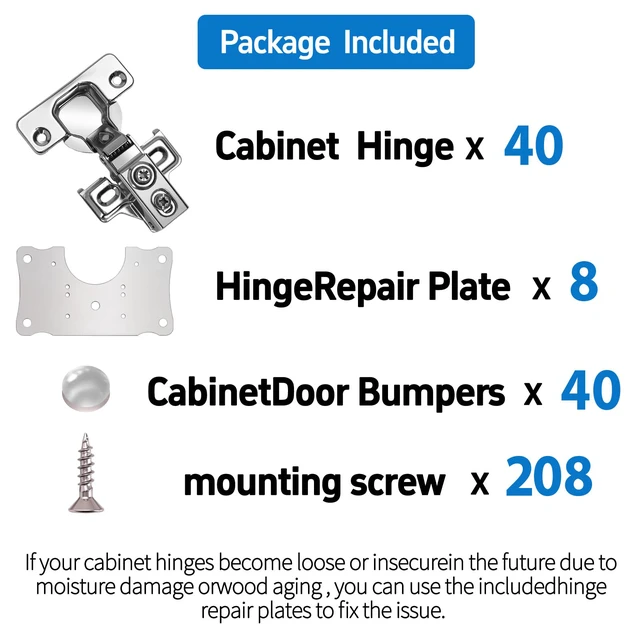 Alt view image 2 of 7 - Cabinet Hinges - 40 Pack for 1/2 Inch Overlay Cabinet, Face Frame Concealed 105Deg Self Closing Hinges, Stainless Soft Close Cabinet Door Hinges with Mounting Screws and Repair Plate