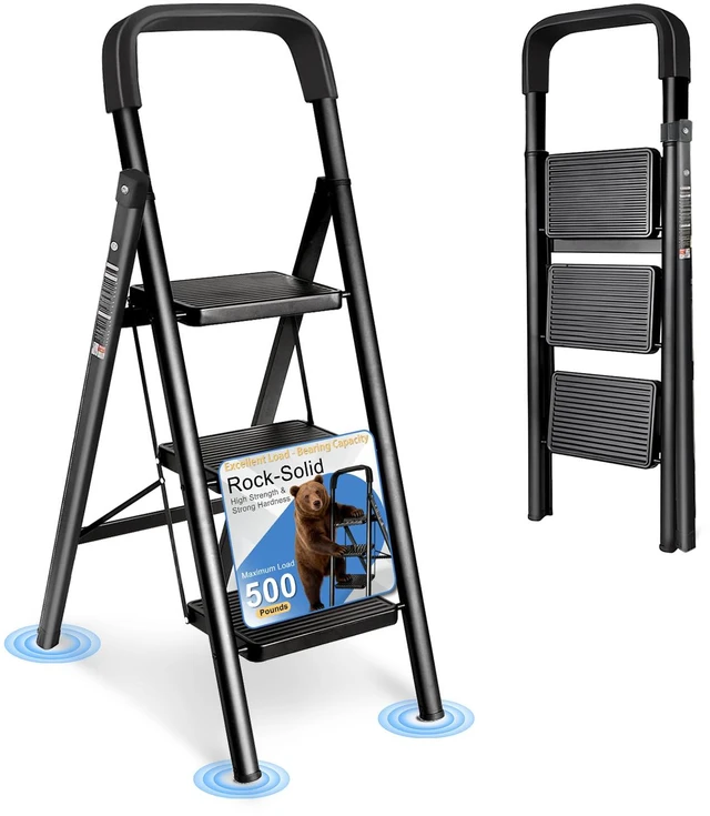 Main image of 3 Step Ladder Folding Step Stool with Handrail 500LBS Capacity Sturdy Carbon Steel Frame Anti-Slip Pedal & Feet Portable for Home Kitchen Garage Bathroom (black-3step)