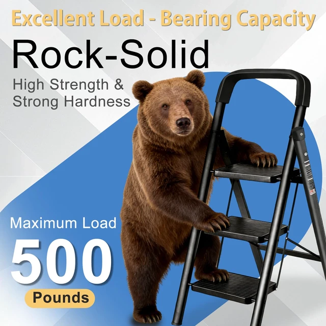 Alt view image 3 of 7 - 3 Step Ladder Folding Step Stool with Handrail 500LBS Capacity Sturdy Carbon Steel Frame Anti-Slip Pedal & Feet Portable for Home Kitchen Garage Bathroom (black-3step)
