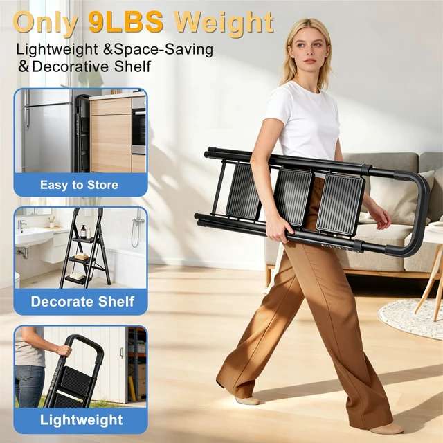 Alt view image 5 of 7 - 3 Step Ladder Folding Step Stool with Handrail 500LBS Capacity Sturdy Carbon Steel Frame Anti-Slip Pedal & Feet Portable for Home Kitchen Garage Bathroom (black-3step)