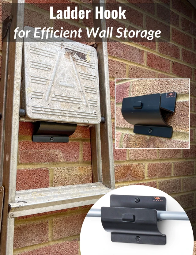 Alt view image 2 of 7 - Ladder Hook - Black Heavy Duty Garage Wall Hanger - Utility Tool Storage Sleek and Durable Wall Mounted Hook for Ladders, Folding Chairs and Step Stools, Helps Organise Home, Garage or Shed