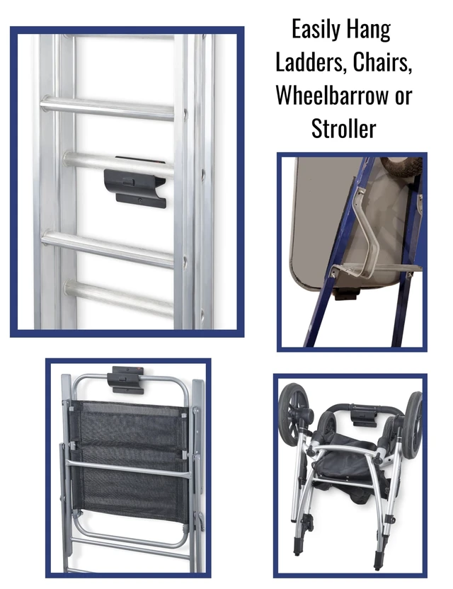 Alt view image 4 of 7 - Ladder Hook - Black Heavy Duty Garage Wall Hanger - Utility Tool Storage Sleek and Durable Wall Mounted Hook for Ladders, Folding Chairs and Step Stools, Helps Organise Home, Garage or Shed