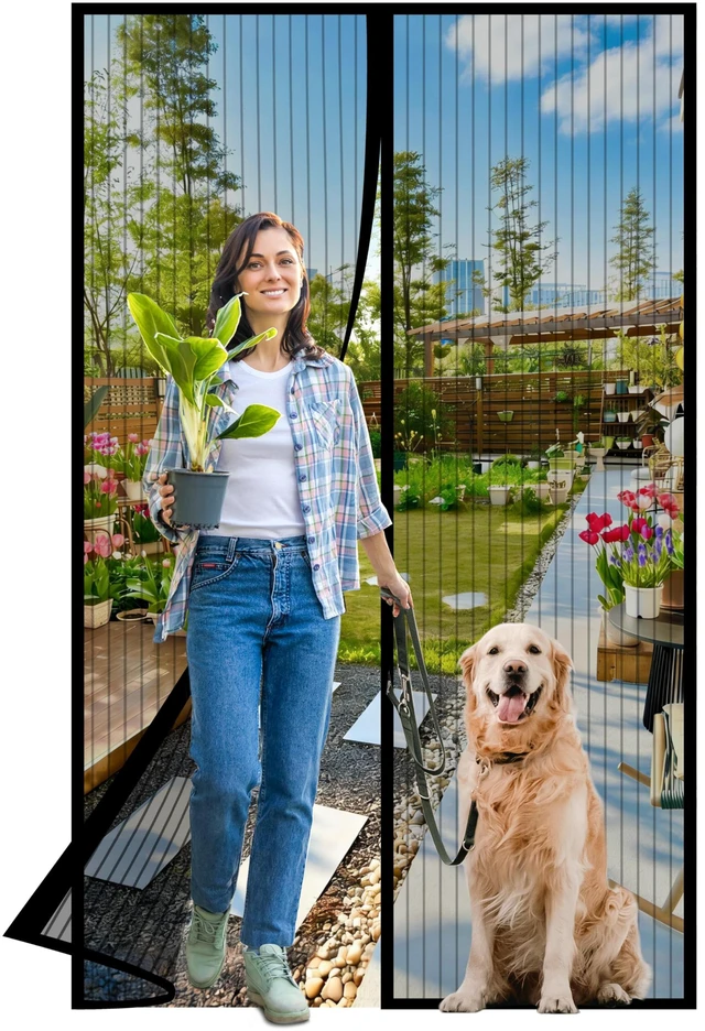 Main image of Magnetic Screen Door -Fit Door Size 36.0 x 78.0'' Retractable Screen Door Mesh for Front Door or Sliding Door, Pet & Kid Friendly, Hands-Free Closure Keeps Bugs Out & Lets Breeze in, Stripe Black