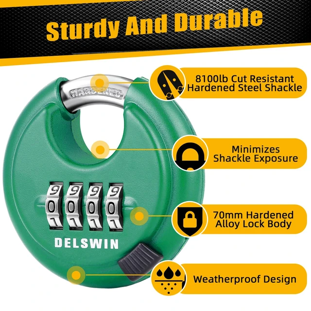 Alt view image 2 of 7 - 4 Digit Combination Disc Padlock with Hardened Steel Shackle Silver Lock for Sheds, Storage Unit, Gym and Fence (Green 1Pcs)