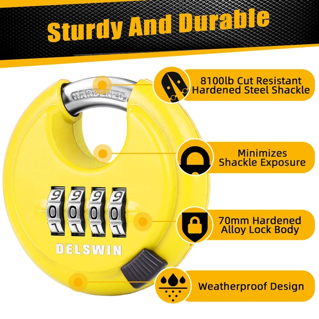 Alt view image 2 of 7 - 4 Digit Combination Disc Padlock with Hardened Steel Shackle Combo Lock for Sheds, Storage Unit, School Gym Locker and Fence (Yellow,1Pcs)