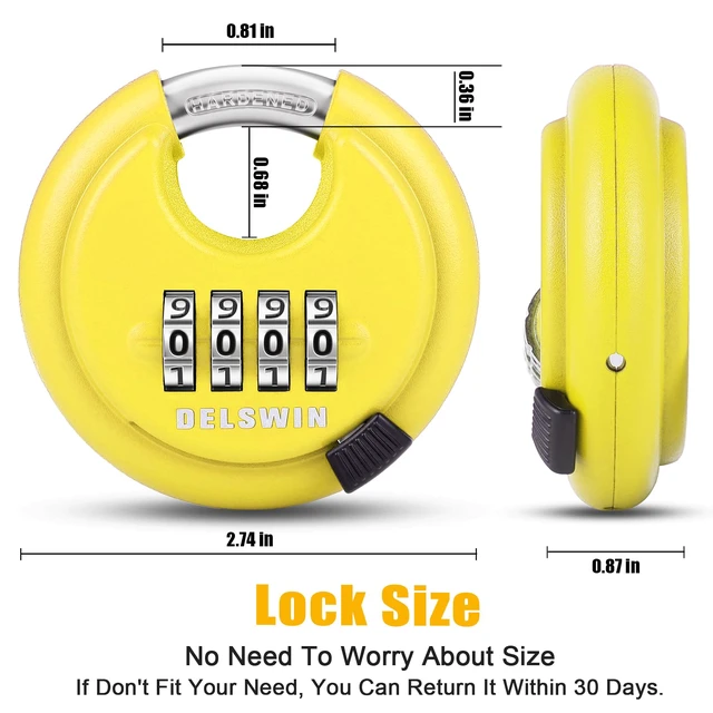 Alt view image 4 of 7 - 4 Digit Combination Disc Padlock with Hardened Steel Shackle Combo Lock for Sheds, Storage Unit, School Gym Locker and Fence (Yellow,1Pcs)