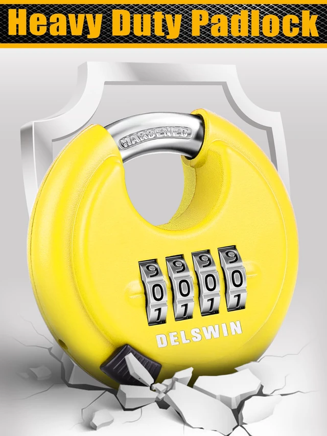 Alt view image 6 of 7 - 4 Digit Combination Disc Padlock with Hardened Steel Shackle Combo Lock for Sheds, Storage Unit, School Gym Locker and Fence (Yellow,1Pcs)