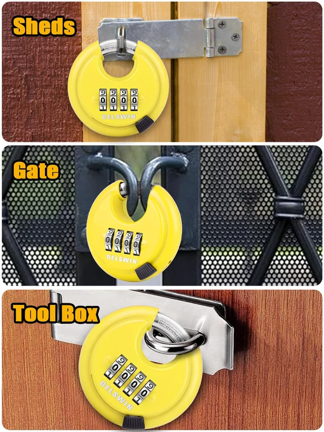 Alt view image 7 of 7 - 4 Digit Combination Disc Padlock with Hardened Steel Shackle Combo Lock for Sheds, Storage Unit, School Gym Locker and Fence (Yellow,1Pcs)