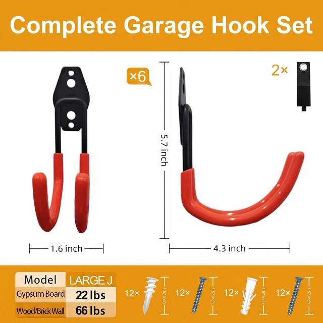 Alt view image 2 of 7 - Garage Hooks, 6 Pack Large Round Wall Hooks for Hanging Heavy Duty Ladders, Bikes, Tools Ideal for Garage, Garden, Basement Utility Room Storage (Orange)