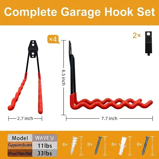 Alt view image 2 of 7 - Garage Hooks, 4 Pack Wave Hooks for Hanging Heavy Duty Ladders, Bikes, Tools Ideal for Garage, Garden, Basement Utility Room Storage (Orange)