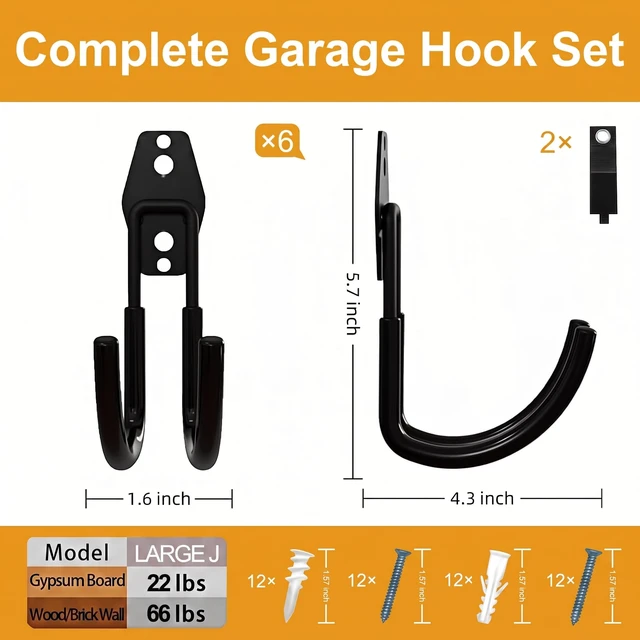 Alt view image 2 of 7 - Garage Hooks, 6 Pack Large Round Wall Hooks for Hanging Heavy Duty Ladders, Bikes, Tools Ideal for Garage, Garden, Basement Utility Room Storage (Black)