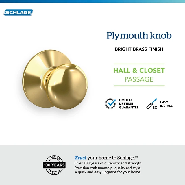 Alt view image 4 of 7 - Plymouth Hall/Closet Passage Door Knob, Bright Brass Hall or closet door knob with no lock, Easy to install, Certified durability, Universal fit - Door Knobs Passage Brass