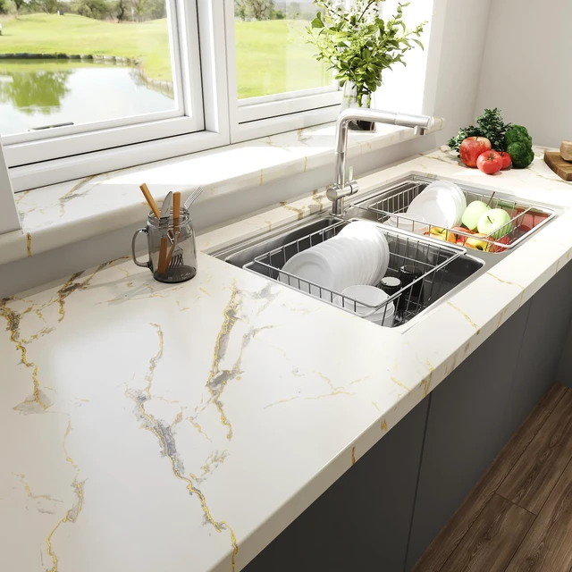 Alt view image 2 of 7 - 24"x160" White and Gold Marble Contact Paper 24 Inch Wide Marble Peel and Stick Countertop Contact Paper Waterproof Self Adhesive Marble Peel and Stick Wallpaper for Walls Counter Tops Vinyl