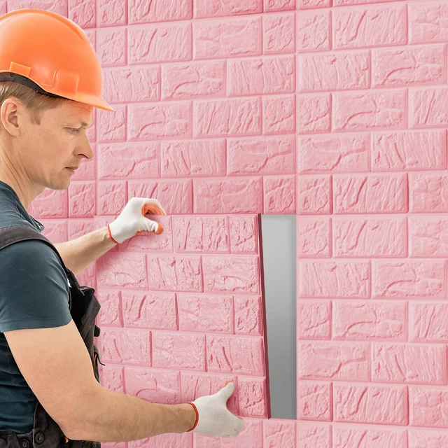 Alt view image 6 of 6 - 30 Pcs 3D Wall Panels Peel and Stick Wallpaper Foam, Elegant Pink Faux Brick Stone Tiles, Covering 28.8-48.4 Sq ft, Self Adhesive Waterproof Panels for Bedroom Living Room Kitchen Walls