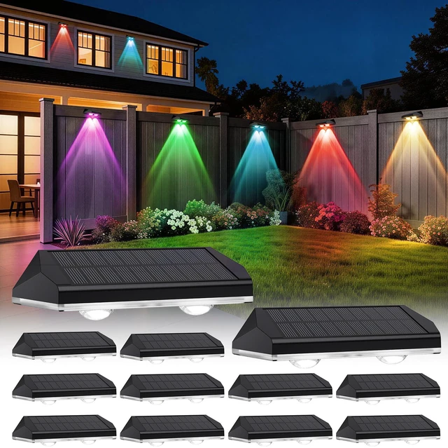 Main image of Solar Fence Lights Outdoor Waterproof LED, 8 Modes Warm & RGB 6 Color Changing Solar Powered Flood Wall Lights, Solar Light for Step, Pathway, Garden, Deck, Stairs Decor- 12 Pack