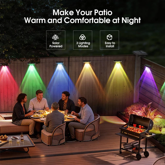 Alt view image 3 of 7 - Solar Fence Lights Outdoor Waterproof LED, 8 Modes Warm & RGB 6 Color Changing Solar Powered Flood Wall Lights, Solar Light for Step, Pathway, Garden, Deck, Stairs Decor- 12 Pack