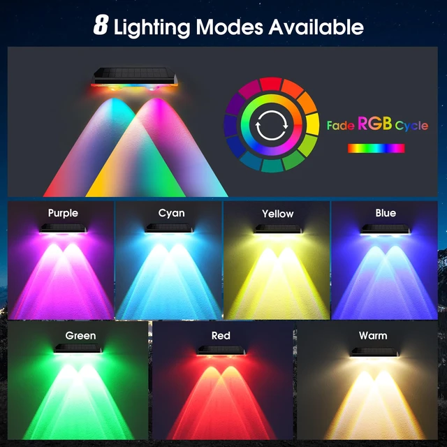 Alt view image 2 of 7 - Solar Fence Lights Outdoor Waterproof LED, 8 Modes Warm & RGB 6 Color Changing Solar Powered Flood Wall Lights, Solar Light for Step, Pathway, Garden, Deck, Stairs Decor- 12 Pack