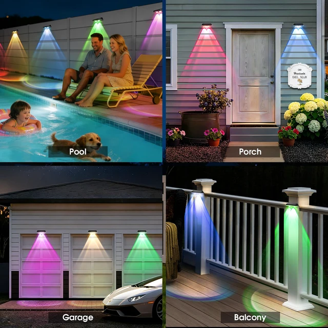Alt view image 5 of 7 - Solar Fence Lights Outdoor Waterproof LED, 8 Modes Warm & RGB 6 Color Changing Solar Powered Flood Wall Lights, Solar Light for Step, Pathway, Garden, Deck, Stairs Decor- 12 Pack