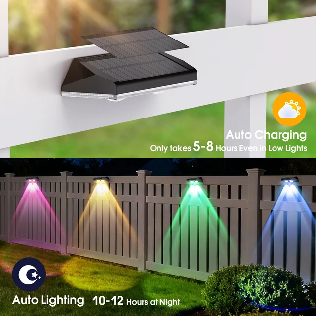 Alt view image 6 of 7 - Solar Fence Lights Outdoor Waterproof LED, 8 Modes Warm & RGB 6 Color Changing Solar Powered Flood Wall Lights, Solar Light for Step, Pathway, Garden, Deck, Stairs Decor- 12 Pack