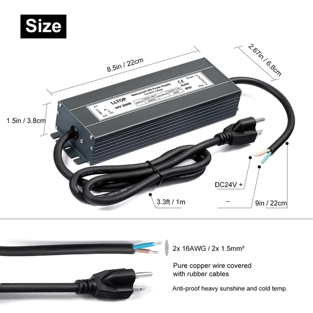 Alt view image 3 of 7 - 24V DC LED Driver Waterproof IP67 Power Supply 200W 8.3A AC100-264V Input, Ultra Thin, Aluminum Case, LED Low Voltage Transformer, For Indoor Outdoor LED Lights