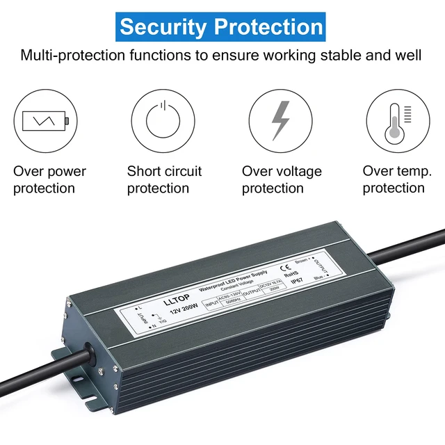 Alt view image 2 of 7 - 12V DC LED Driver Waterproof IP67 Power Supply 200W 16.7A AC100-264V Input, Ultra Thin, Aluminum Case, LED Low Voltage Transformer, For Indoor Outdoor LED Lights