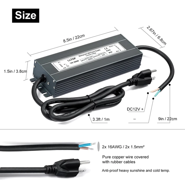Alt view image 3 of 7 - 12V DC LED Driver Waterproof IP67 Power Supply 200W 16.7A AC100-264V Input, Ultra Thin, Aluminum Case, LED Low Voltage Transformer, For Indoor Outdoor LED Lights