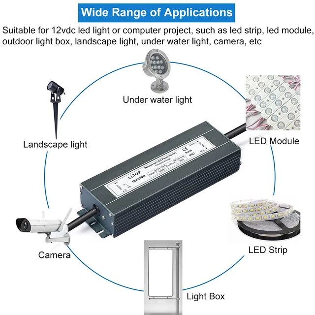 Alt view image 6 of 7 - 12V DC LED Driver Waterproof IP67 Power Supply 200W 16.7A AC100-264V Input, Ultra Thin, Aluminum Case, LED Low Voltage Transformer, For Indoor Outdoor LED Lights