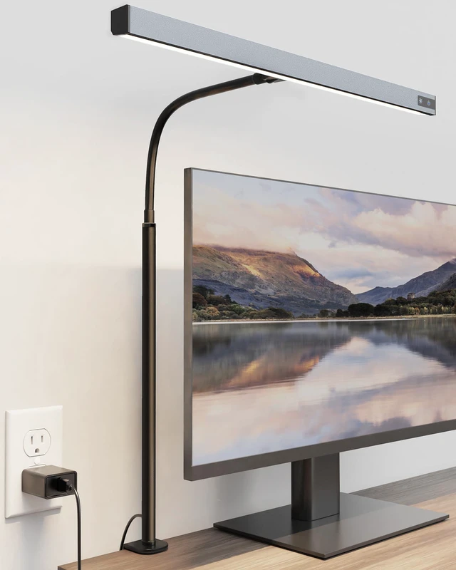 Main image of LED Desk Lamp for Office Home, Eye-Caring Desk Light with Adjustable Gooseneck, 12W Touch Control Dimmable Brightness, Architect Clamp Lamp with USB Adapter, Grey
