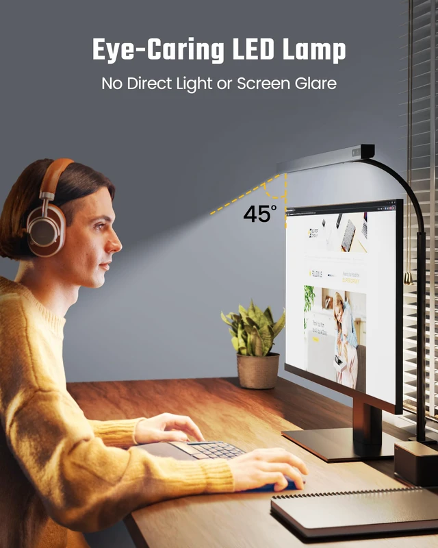 Alt view image 2 of 7 - LED Desk Lamp for Office Home, Eye-Caring Desk Light with Adjustable Gooseneck, 12W Touch Control Dimmable Brightness, Architect Clamp Lamp with USB Adapter, Grey