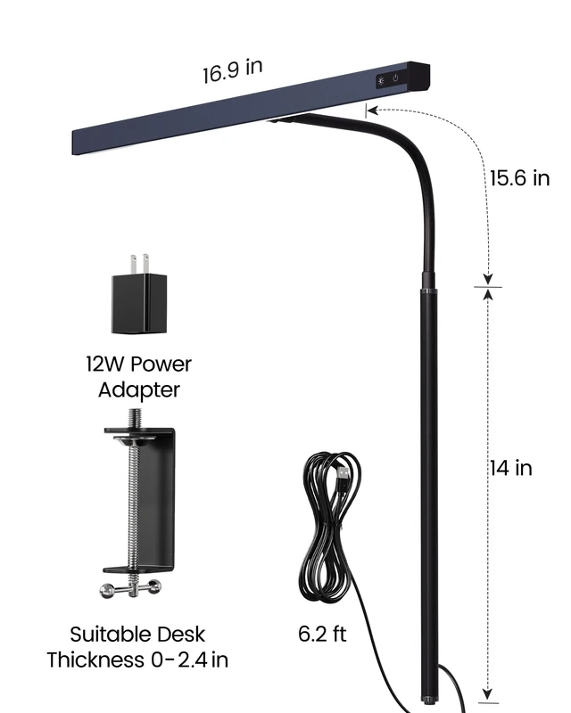 Alt view image 6 of 7 - LED Desk Lamp for Office Home, Eye-Caring Desk Light with Adjustable Gooseneck, 12W Touch Control Dimmable Brightness, Architect Clamp Lamp with USB Adapter, Grey