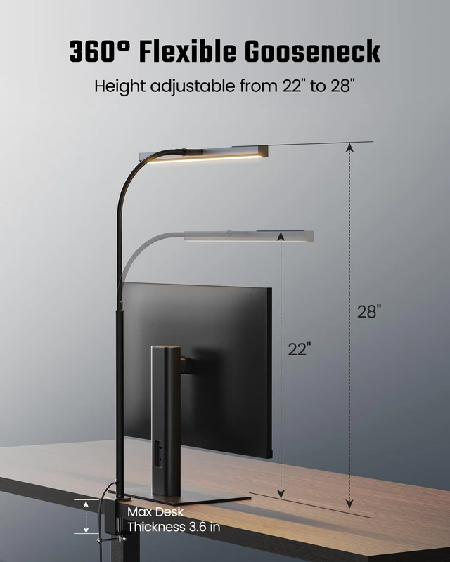 Alt view image 7 of 7 - LED Desk Lamp for Office Home, Eye-Caring Desk Light with Adjustable Gooseneck, 12W Touch Control Dimmable Brightness, Architect Clamp Lamp with USB Adapter, Grey