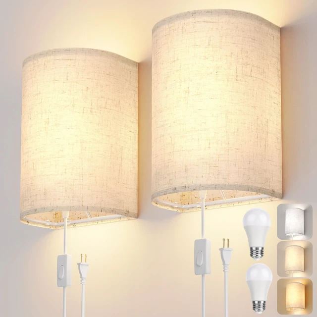 Main image of Plug in Wall Sconces Set of Two Wall Lights Lamp with On/Off Switch 3000K 4500K 6000K Selectable Fixtures Fabric Linen Shade Wall Decor Wall Lights for Bedroom Living Room Hallway Indoor
