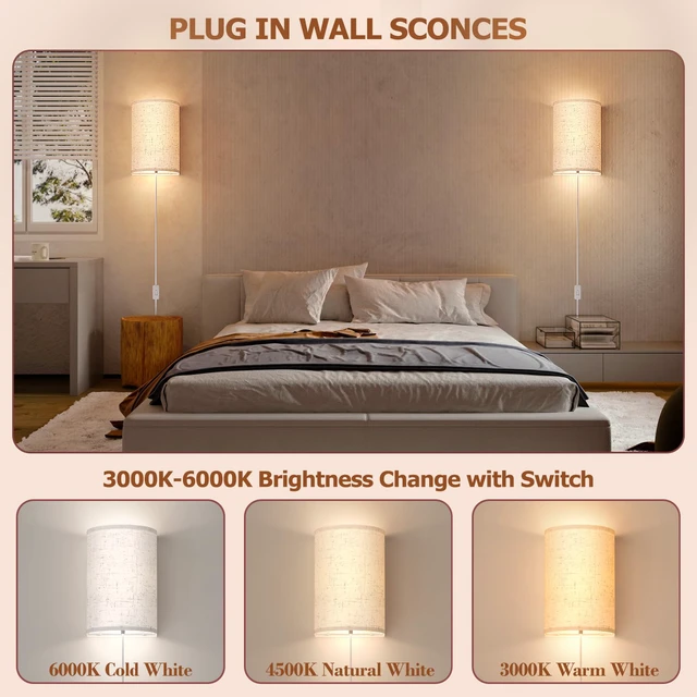 Alt view image 2 of 7 - Plug in Wall Sconces Set of Two Wall Lights Lamp with On/Off Switch 3000K 4500K 6000K Selectable Fixtures Fabric Linen Shade Wall Decor Wall Lights for Bedroom Living Room Hallway Indoor