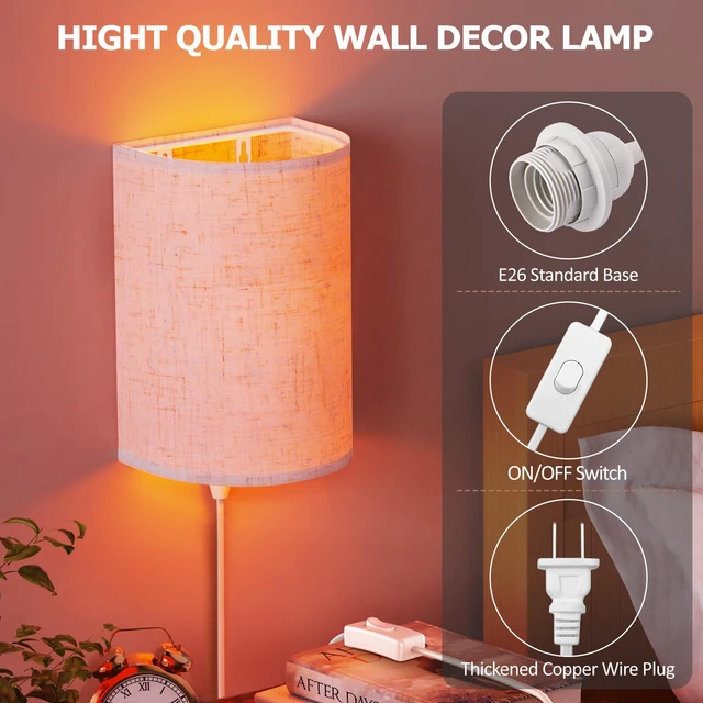 Alt view image 4 of 7 - Plug in Wall Sconces Set of Two Wall Lights Lamp with On/Off Switch 3000K 4500K 6000K Selectable Fixtures Fabric Linen Shade Wall Decor Wall Lights for Bedroom Living Room Hallway Indoor
